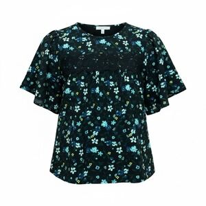 Loft Floral Lace Inset Flutter Sleeve Blouse Black Blue Green Small